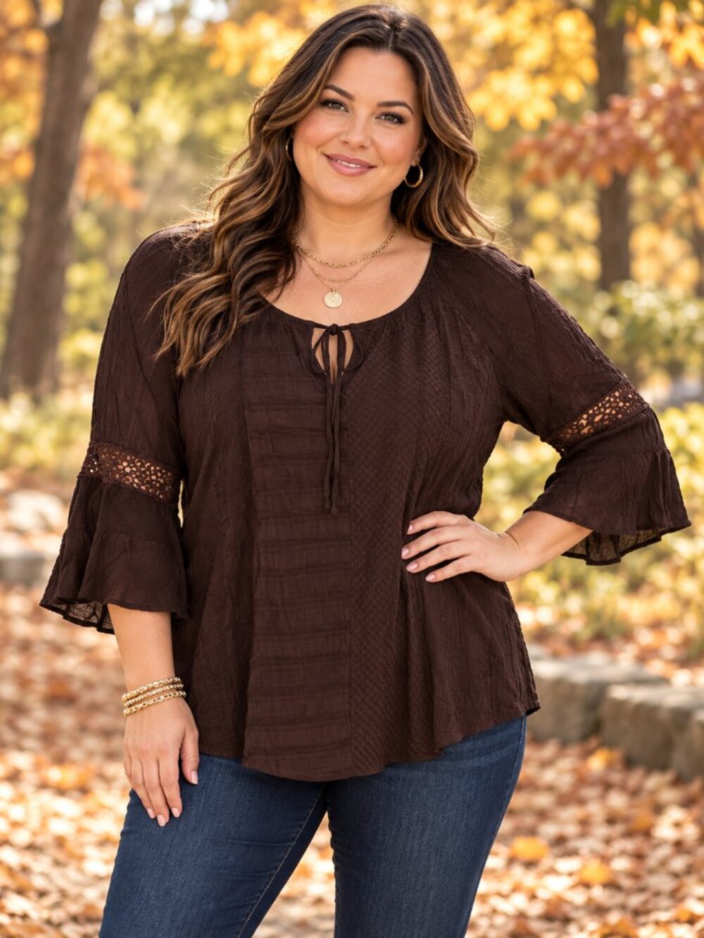 YOUNG THREADS Tunic Textured Sleeves w/Lace Accent Scoop Tie Neck Brown NWT XL